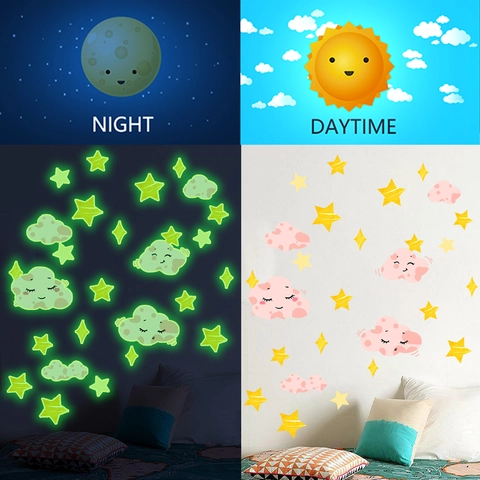 Adesivi Murali Luminosi PVC Cartone Animato Elefante Volpe Stella Nuvola Motivo Decorazione Per Camera Dei Bambini