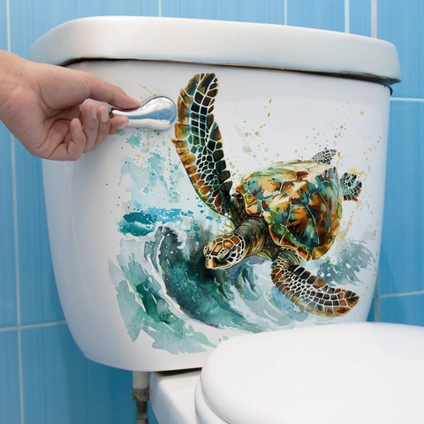 Autocollant Couvercle Toilettes PVC Imperméable Amovible Auto-adhésif Déco Salle De Bain Tortue De Mer Aquarelle Vague Mural