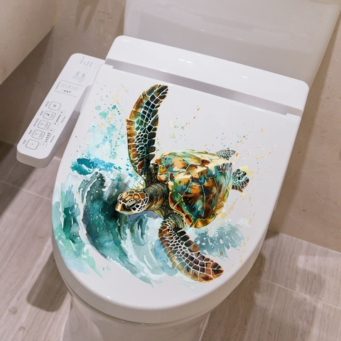 Autocollant Couvercle Toilettes PVC Imperméable Amovible Auto-adhésif Déco Salle De Bain Tortue De Mer Aquarelle Vague Mural