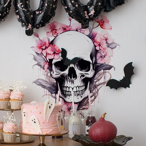 Halloween Wandaufkleber Totenkopf Mit Rosa Blumen Gotisch Fledermaus PVC Aufkleber Abnehmbar Selbstklebend Party Wanddekoration