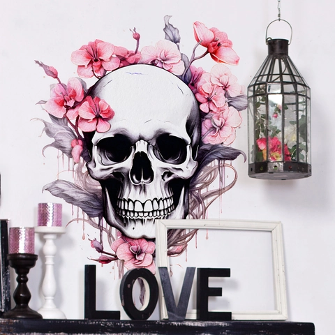 Halloween Wandaufkleber Totenkopf Mit Rosa Blumen Gotisch Fledermaus PVC Aufkleber Abnehmbar Selbstklebend Party Wanddekoration
