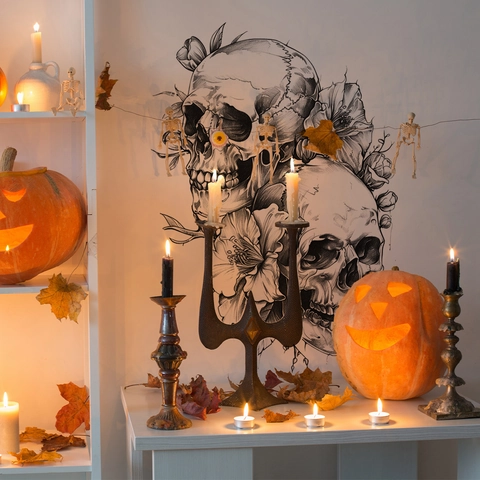 Skull Flower Wall Sticker PVC Removable Self Adhesive Sketch Goth Halloween Decal For Home Bedroom Living Room Decor