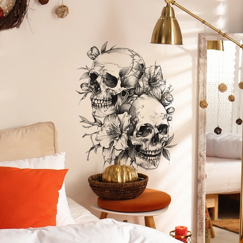 Skull Flower Wall Sticker PVC Removable Self Adhesive Sketch Goth Halloween Decal For Home Bedroom Living Room Decor