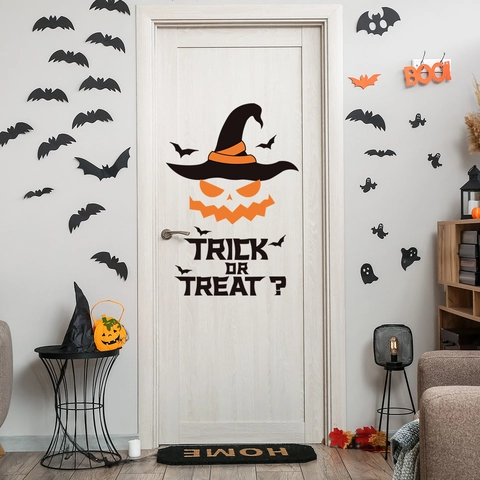 Adesivi Murali Halloween PVC Impermeabili Removibili Autoadesivi Zucca Cappello Da Strega Pipistrelli Decorazione Festa
