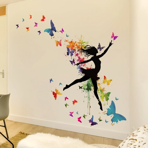 Pegatinas De Pared Silueta Niña Ballet Mariposas Coloridas Arte Acuarela Removible Auto Adhesivo PVC Decoración Dormitorio