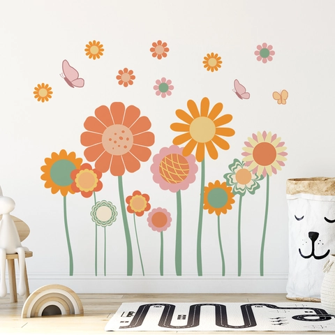 Böhmische Blumen Wandaufkleber PVC Abnehmbar Selbstklebend Gänseblümchen Schmetterling Aufkleber Kinderzimmer Dekor