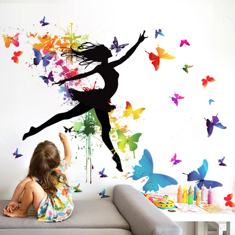Pegatinas De Pared Silueta Niña Ballet Mariposas Coloridas Arte Acuarela Removible Auto Adhesivo PVC Decoración Dormitorio
