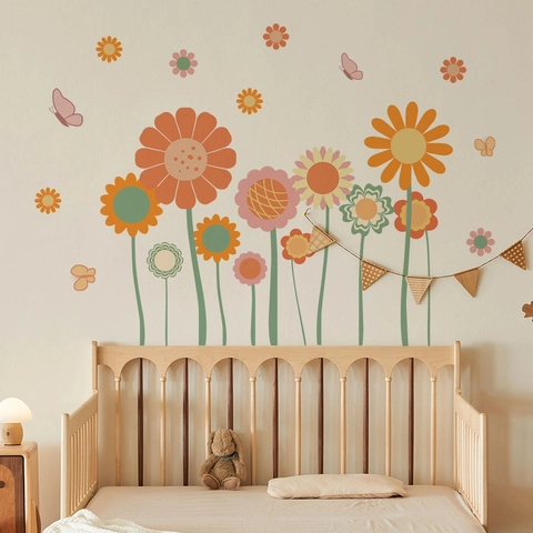 Böhmische Blumen Wandaufkleber PVC Abnehmbar Selbstklebend Gänseblümchen Schmetterling Aufkleber Kinderzimmer Dekor