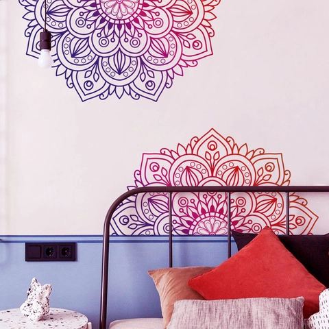 Sticker Mural Fleur Mandala Amovible PVC Imperméable Autocollant Dégradé Violet Décor Bohème Pour Chambre