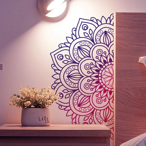 Sticker Mural Fleur Mandala Amovible PVC Imperméable Autocollant Dégradé Violet Décor Bohème Pour Chambre