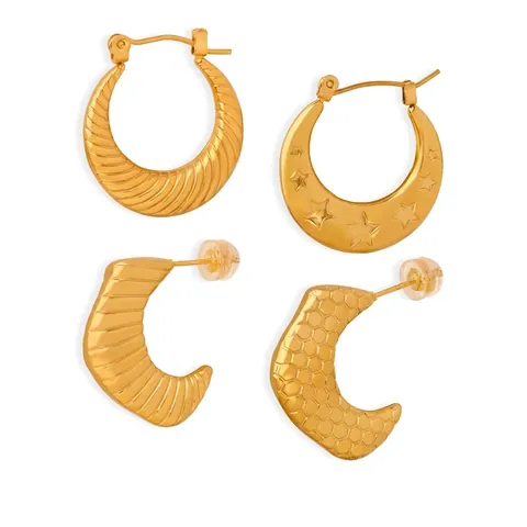 Retro Stainless Steel Hoop Earrings For Women Gold Plated Star Embossed Ripple Texture Minimalist C Shape Jewelry