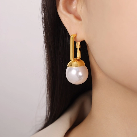 Boucles D'oreilles Pendantes Minimalistes Géométriques À Fermoir Carré Perles Rondes Acier Titane Plaqué Or 18K Femme