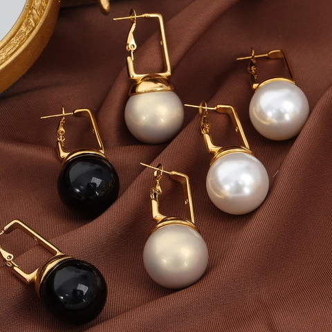 Boucles D'oreilles Pendantes Minimalistes Géométriques À Fermoir Carré Perles Rondes Acier Titane Plaqué Or 18K Femme