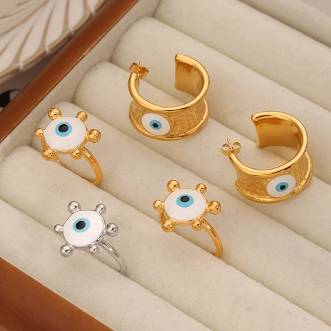 Vintage Titanstahl Böser Blick Schmuckset Gehämmerte Vergoldete Emaille Ring C-Form Ohrringe Für Damen Boho Accessoires
