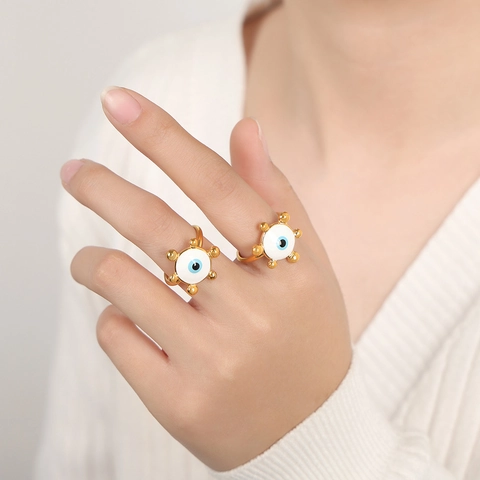 Vintage Titanstahl Böser Blick Schmuckset Gehämmerte Vergoldete Emaille Ring C-Form Ohrringe Für Damen Boho Accessoires