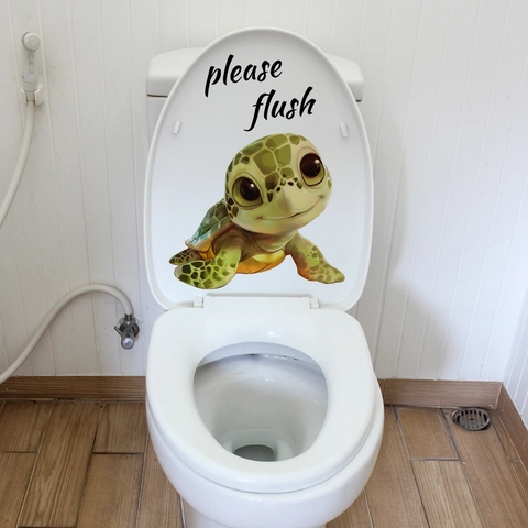Vinilo de Inodoro de Tortuga Marina 3D Dibujos Animados Con Letrero Please Flush Impermeable PVC Pegatina Pared Para Baño