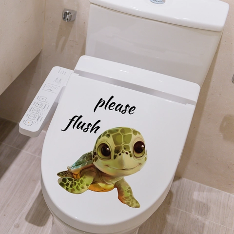 Vinilo de Inodoro de Tortuga Marina 3D Dibujos Animados Con Letrero Please Flush Impermeable PVC Pegatina Pared Para Baño