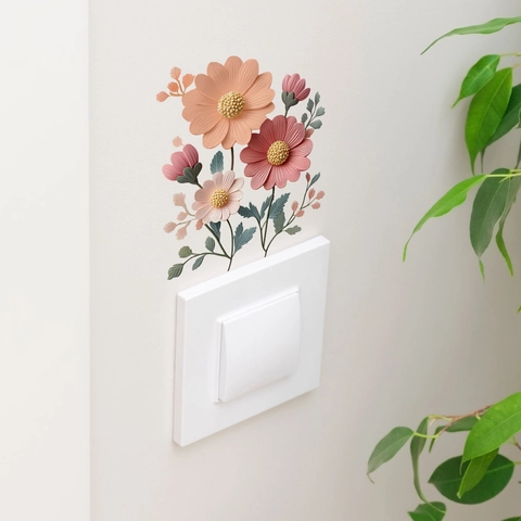 3D Embossed Pink Flower Switch Wall Sticker Removable PVC Daisy Floral Wall Decal For Living Room Bedroom Decor