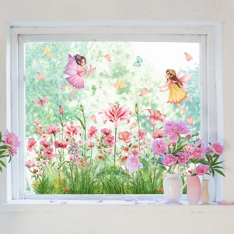 Pegatinas de Ventana de Hada de Flores Estáticas de Doble Cara de PVC Para Cristales Habitación Infantil Decoración Hogar