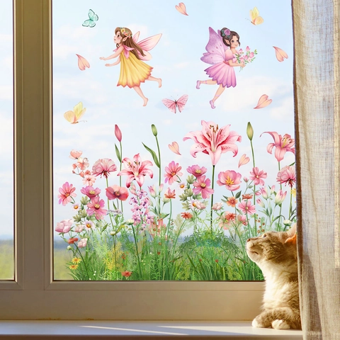Pegatinas de Ventana de Hada de Flores Estáticas de Doble Cara de PVC Para Cristales Habitación Infantil Decoración Hogar