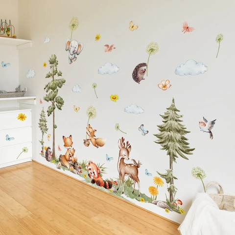Stickers Muraux Animaux De La Forêt PVC Imperméables Amovibles Pour Chambre D'Enfant Aquarelle Renard Éléphant