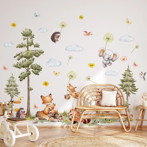 Stickers Muraux Animaux De La Forêt PVC Imperméables Amovibles Pour Chambre D'Enfant Aquarelle Renard Éléphant
