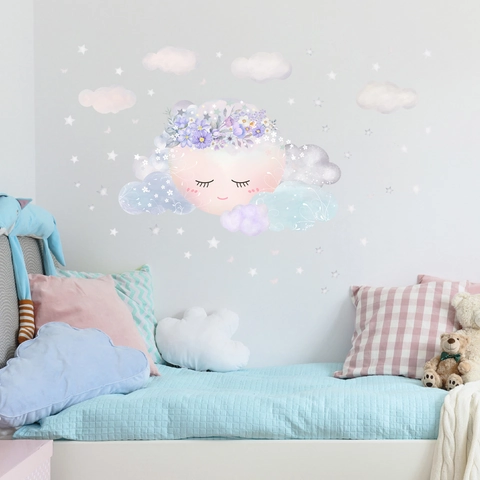 Stickers Muraux Dessin Animé Lune Nuages Étoiles pour Chambre d'Enfant Décoration PVC Amovible Aquarelle Décalcomanies DIY