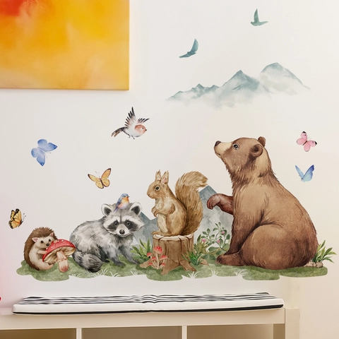 Watercolor Forest Animals Wall Stickers PVC Self Adhesive Bear Raccoon Squirrel Decals For Kids Room Nursery Decor