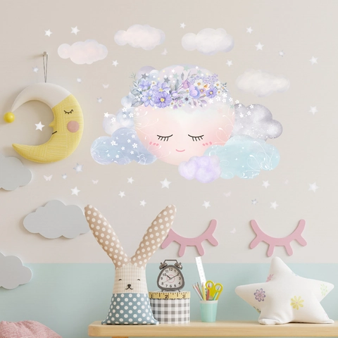 Stickers Muraux Dessin Animé Lune Nuages Étoiles pour Chambre d'Enfant Décoration PVC Amovible Aquarelle Décalcomanies DIY