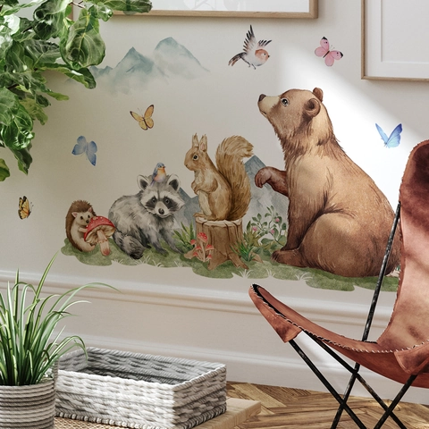 Watercolor Forest Animals Wall Stickers PVC Self Adhesive Bear Raccoon Squirrel Decals For Kids Room Nursery Decor