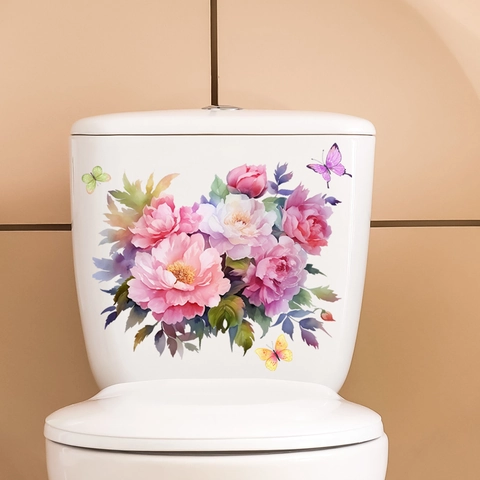 Pegatina para Inodoro Peonía Floral Mariposa Acuarela Impermeable Removible PVC Autoadhesiva Calcomanía de Pared para Baño Decoración