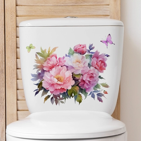 Sticker de Toilette Fleurs et Papillons en PVC Auto-Adhésif Imperméable Décoration de Salle de Bain Amovible Décalcomanie Murale Florale Pivoine pour Couvercle de Toilette