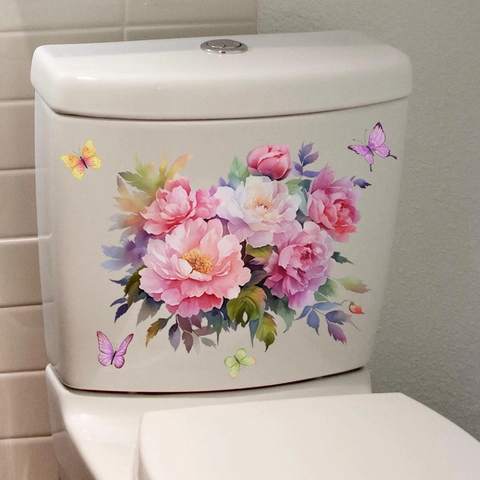 Pegatina para Inodoro Peonía Floral Mariposa Acuarela Impermeable Removible PVC Autoadhesiva Calcomanía de Pared para Baño Decoración
