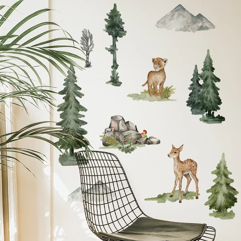 Pegatina de Pared de Animales del Bosque de Acuarela Dibujos Animados Jirafa Leopardo Árbol Montaña PVC Removible Autoadhesivo Decoración Habitación Niños