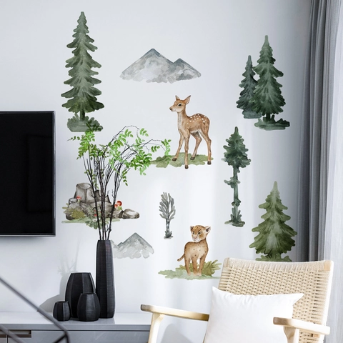 Pegatina de Pared de Animales del Bosque de Acuarela Dibujos Animados Jirafa Leopardo Árbol Montaña PVC Removible Autoadhesivo Decoración Habitación Niños