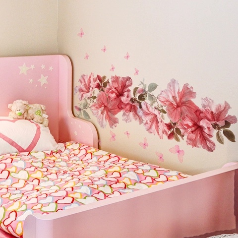 Rosa Hibiskus Blume Schmetterling Wandaufkleber Wasserdicht PVC Abnehmbar Selbstklebend Floral Wandbild Für Schlafzimmer Dekor