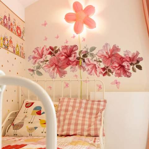 Rosa Hibiskus Blume Schmetterling Wandaufkleber Wasserdicht PVC Abnehmbar Selbstklebend Floral Wandbild Für Schlafzimmer Dekor