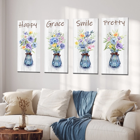 Watercolor Potted Flower Vase Wall Stickers Set Blue Plants Inspirational Text Happy Grace Smile Pretty Home Decoration