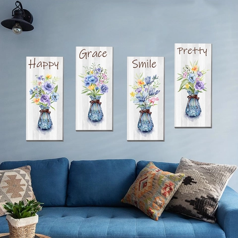 Watercolor Potted Flower Vase Wall Stickers Set Blue Plants Inspirational Text Happy Grace Smile Pretty Home Decoration