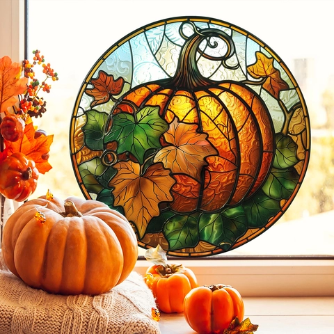 Autumn Pumpkin Maple Leaf Window Clings Stained Glass Style Double Sided Static Stickers Thanksgiving Halloween Decor