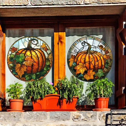 Autumn Pumpkin Maple Leaf Window Clings Stained Glass Style Double Sided Static Stickers Thanksgiving Halloween Decor
