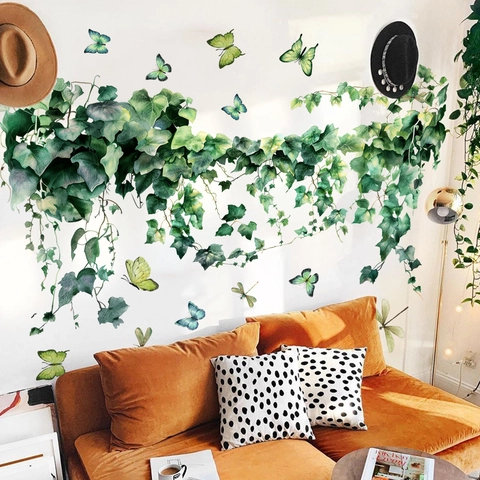 Green Plant Vine Leaf Butterfly Wall Sticker Removable PVC Self Adhesive Mural Decor For Living Room Bedroom Kitchen Home Art