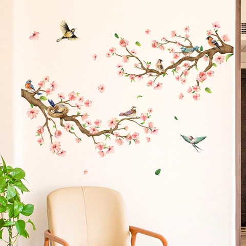 Peach Blossom Tree Branch Birds Wall Stickers PVC Removable Self Adhesive Decals For Living Room Bedroom Home Decor