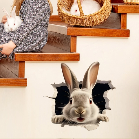 Kreativer 3D Wandsticker Durchbrechendes Kaninchen PVC Wasserdicht Selbstklebend Abnehmbares Dekor Für Wohnzimmer