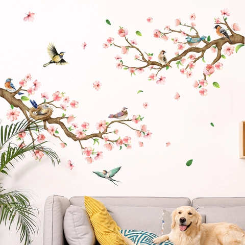 Peach Blossom Tree Branch Birds Wall Stickers PVC Removable Self Adhesive Decals For Living Room Bedroom Home Decor