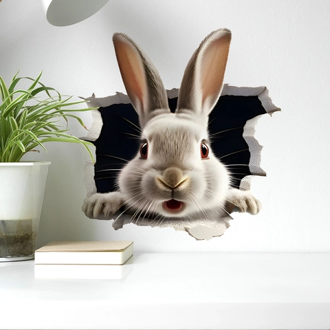 Kreativer 3D Wandsticker Durchbrechendes Kaninchen PVC Wasserdicht Selbstklebend Abnehmbares Dekor Für Wohnzimmer
