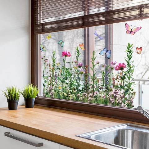 Kleurrijke Bloem Vlinder Vensterstickers PVC Statisch Hechtend Dubbelzijdige Glasstickers Voor Huis Keuken Decor