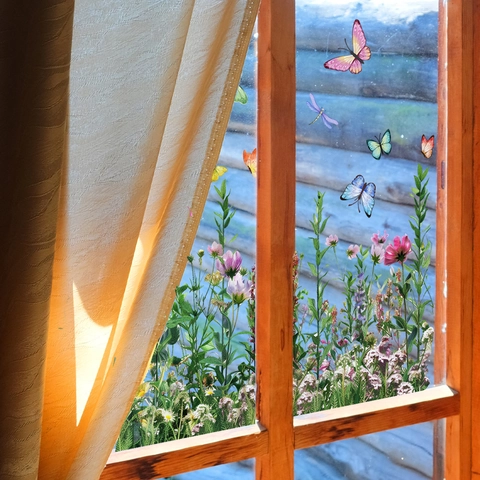 Kleurrijke Bloem Vlinder Vensterstickers PVC Statisch Hechtend Dubbelzijdige Glasstickers Voor Huis Keuken Decor