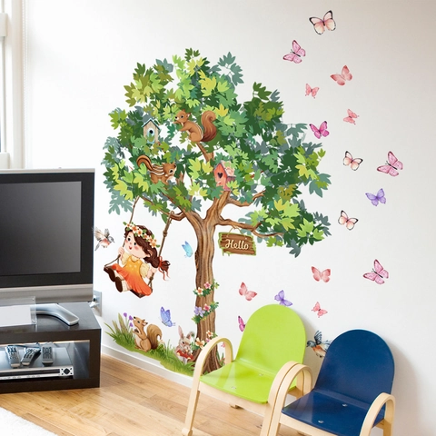 Cartoon Tree Girl Swing Squirrel Animals Wall Sticker Removable PVC Decorative Mural For Kids Room Nursery Home Decor