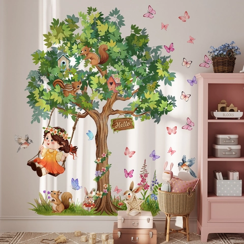 Cartoon Tree Girl Swing Squirrel Animals Wall Sticker Removable PVC Decorative Mural For Kids Room Nursery Home Decor